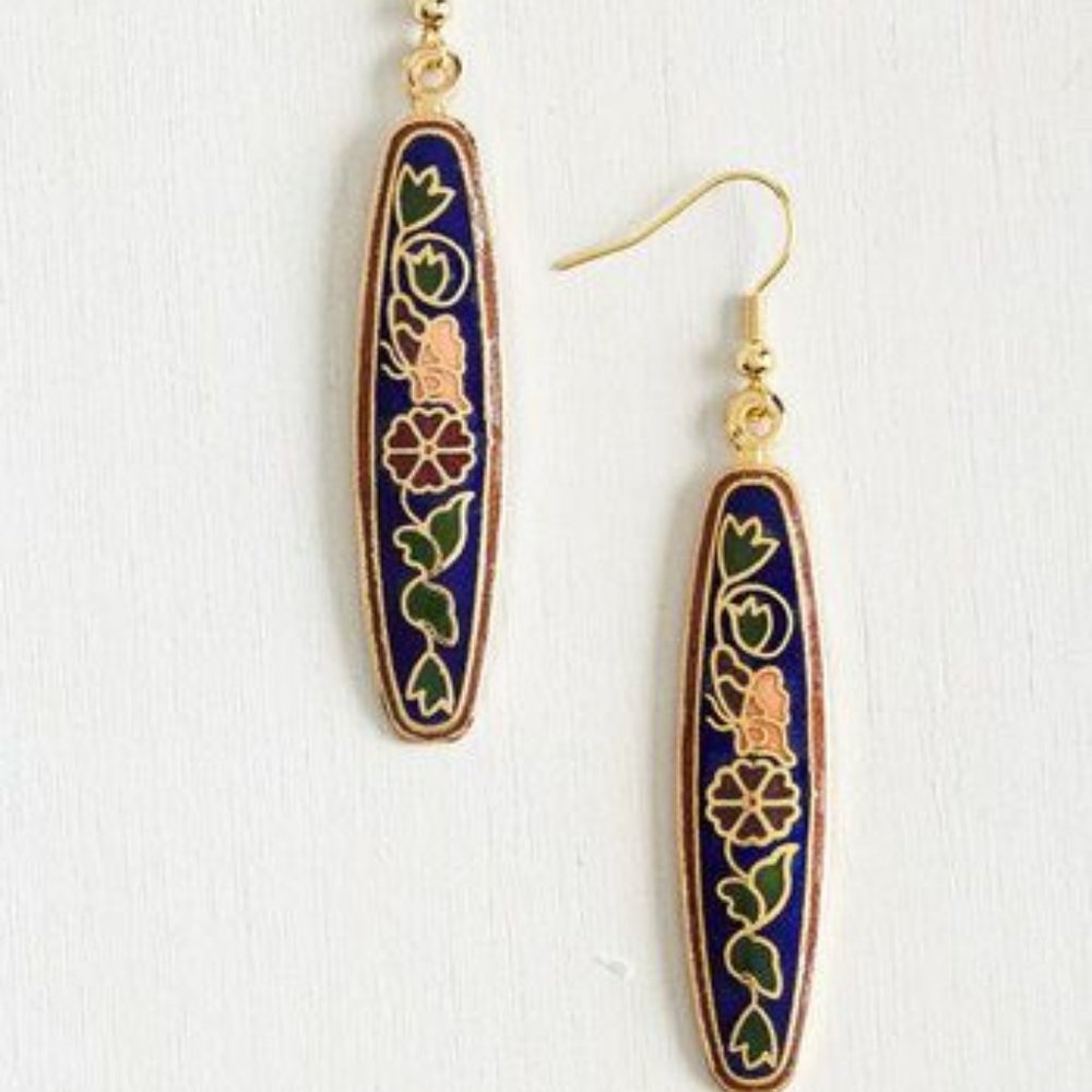 Earrings~Blue Enamel with butterfly, flowers, vines~elegant & slender